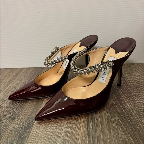 Jimmy Choo Shoes - Jimmy Choo Bing 100 Crimson Red Patent Leather Heeled Mules with Crystal Strap